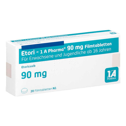 Das Produktfoto zeigt Etori-1a Pharma 90 Mg Filmtabletten (20 stk) PZN 12422249