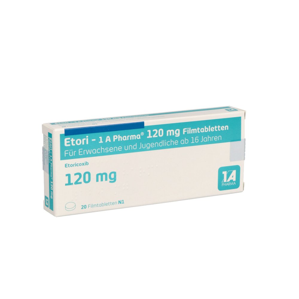 Das Produktfoto zeigt Etori-1a Pharma 120 Mg Filmtabletten (20 stk) PZN 12422290