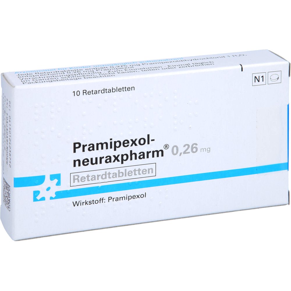 Das Produktfoto zeigt Pramipexol-Neuraxpharm 0,26 Mg Retardtabletten (10 stk) PZN 12423875