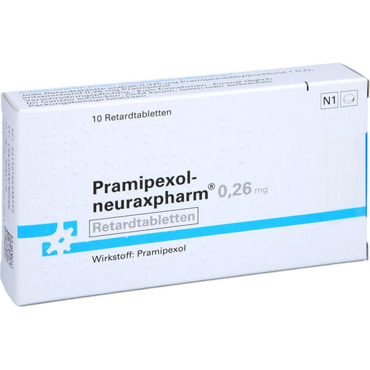Das Produktfoto zeigt Pramipexol-Neuraxpharm 0,26 Mg Retardtabletten (10 stk) PZN 12423875
