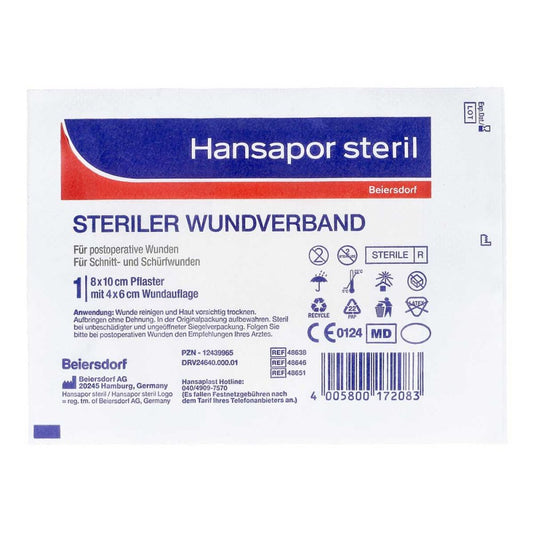 Das Produktfoto zeigt Hansapor Steril Wundverband 8x10 Cm (1 stk) PZN 12439965