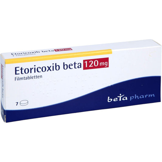 Das Produktfoto zeigt Etoricoxib Beta 120 Mg Filmtabletten (7 stk) PZN 12444297