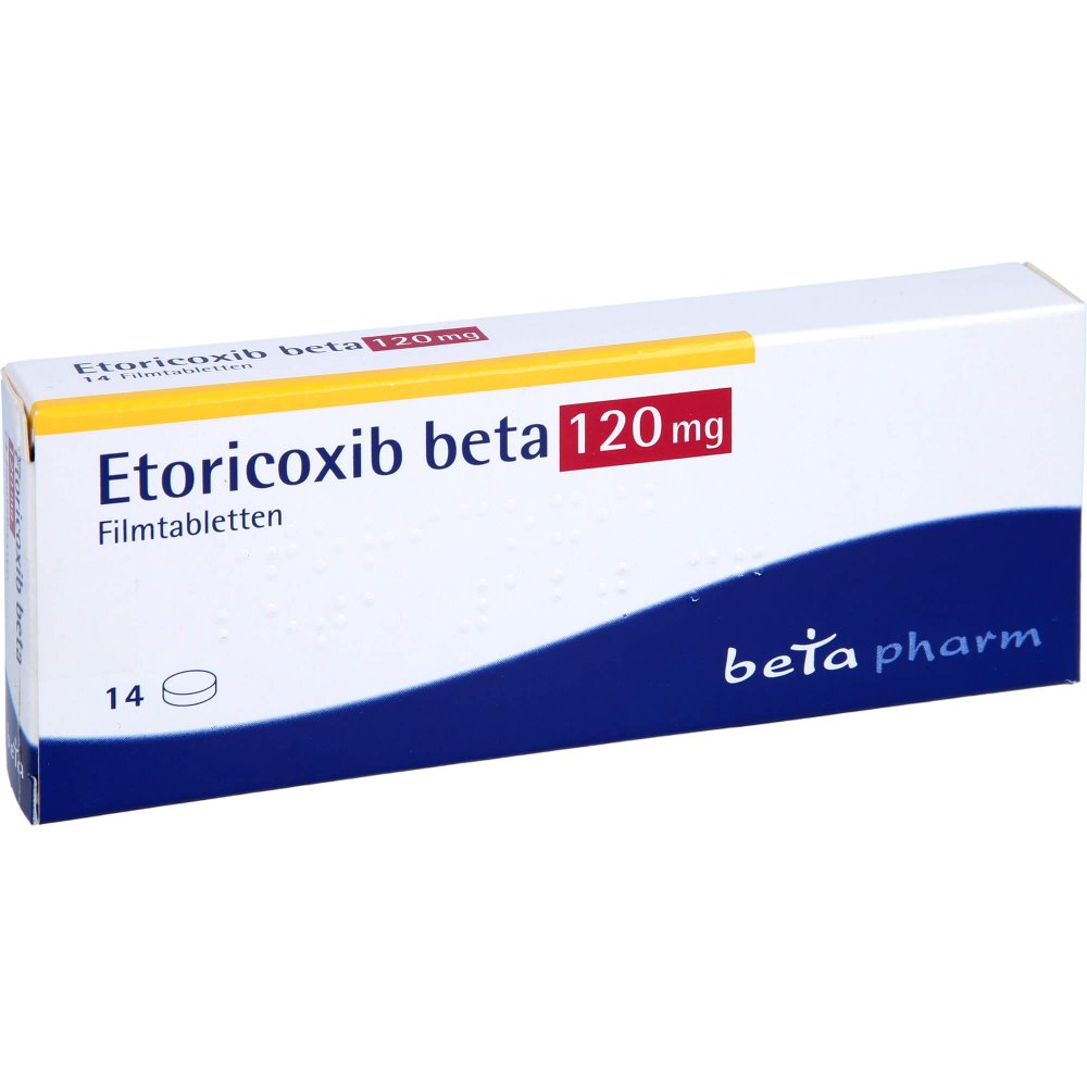 Das Produktfoto zeigt Etoricoxib Beta 120 Mg Filmtabletten (14 stk) PZN 12444305