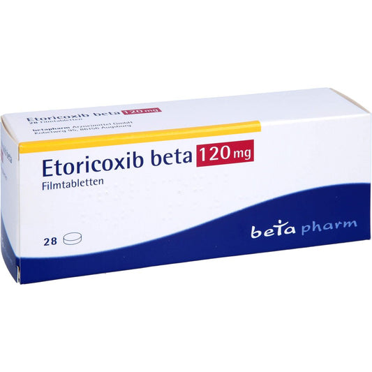 Das Produktfoto zeigt Etoricoxib Beta 120 Mg Filmtabletten (28 stk) PZN 12444334