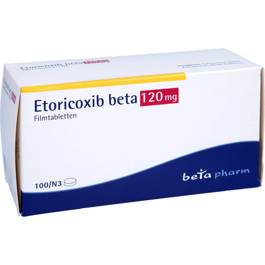 Das Produktfoto zeigt Etoricoxib Beta 120 Mg Filmtabletten (100 stk) PZN 12444357