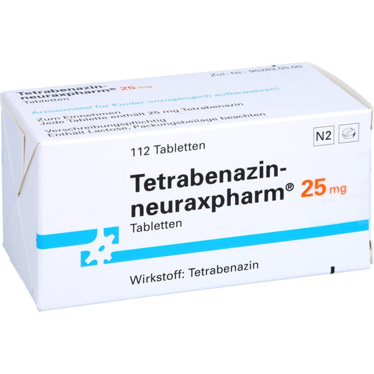 Das Produktfoto zeigt Tetrabenazin-Neuraxpharm 25 Mg Tabletten (112 stk) PZN 12450760
