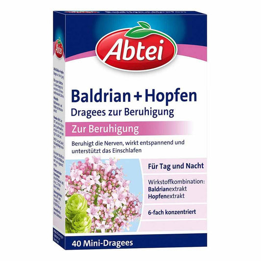 Das Produktfoto zeigt Abtei Baldrian+Hopfen Dragees Zur Beruhigung (40 stk) PZN 12453623
