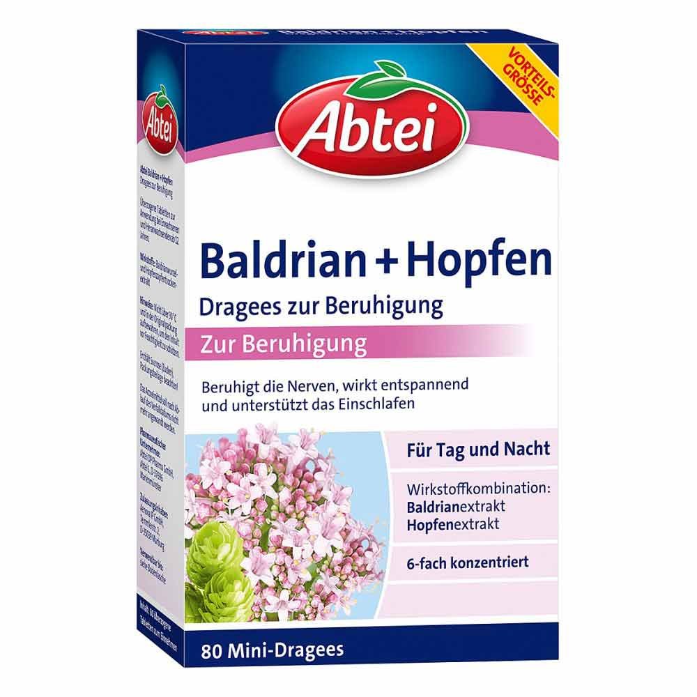 Das Produktfoto zeigt Abtei Baldrian+Hopfen Dragees Zur Beruhigung (80 stk) PZN 12453646