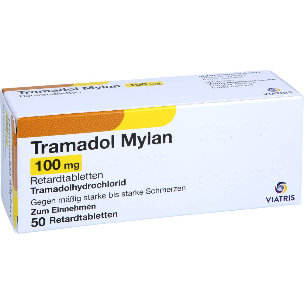 Das Produktfoto zeigt Tramadol Mylan 100 Mg Retardtabletten (50 stk) PZN 12460327