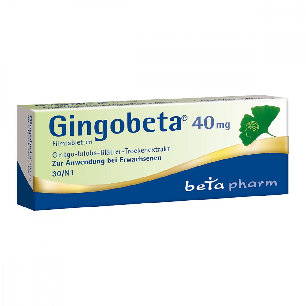 Das Produktfoto zeigt Gingobeta 40 Mg Filmtabletten (30 stk) PZN 12461597