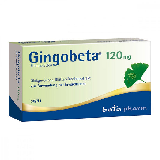 Das Produktfoto zeigt Gingobeta 120 Mg Filmtabletten (30 stk) PZN 12461657