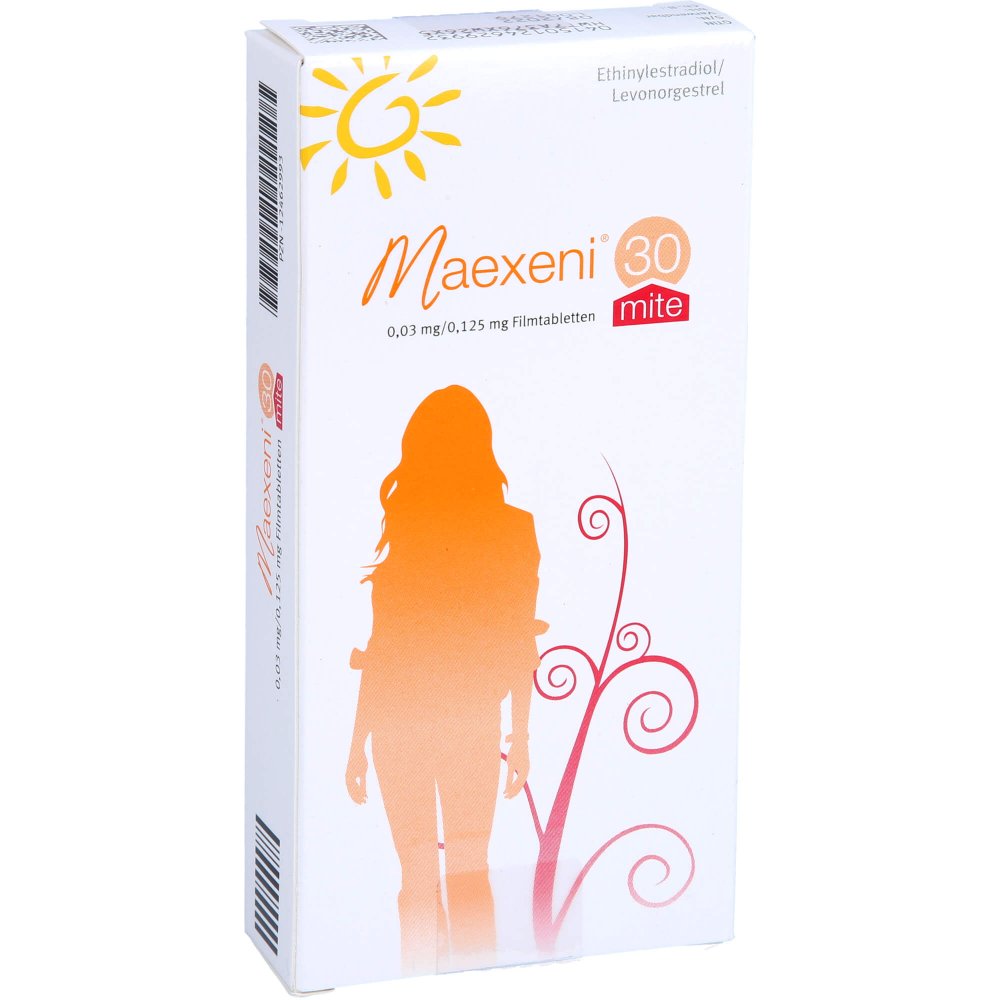 Das Produktfoto zeigt Maexeni 30 Mite 0,03 Mg/0,125 Mg Filmtabletten (1X21 stk) PZN 12462993