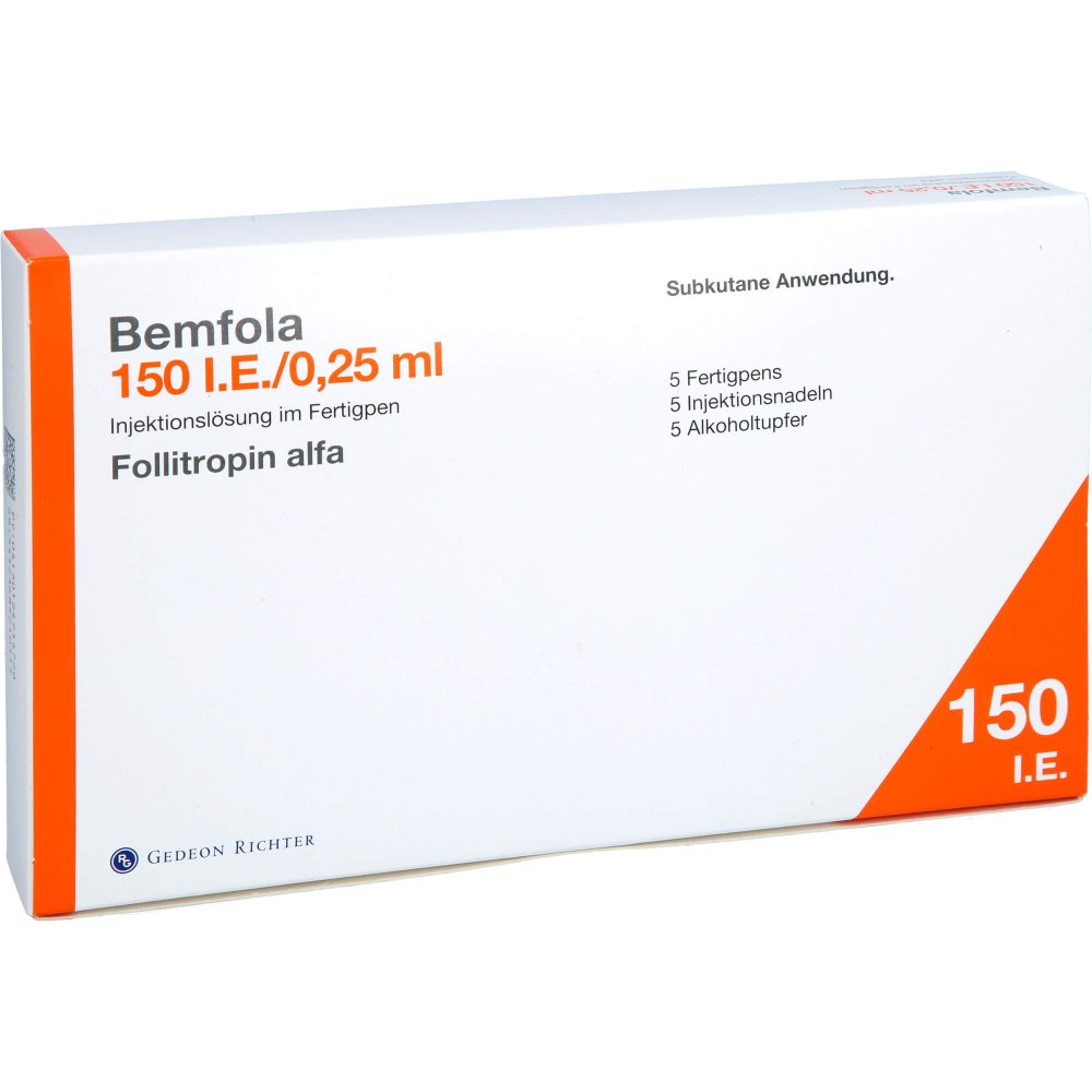 Das Produktfoto zeigt Bemfola 150 I.E./0,25 Ml Inj.-Lsg.I.E.Fertigpen (5 stk) PZN 12471472