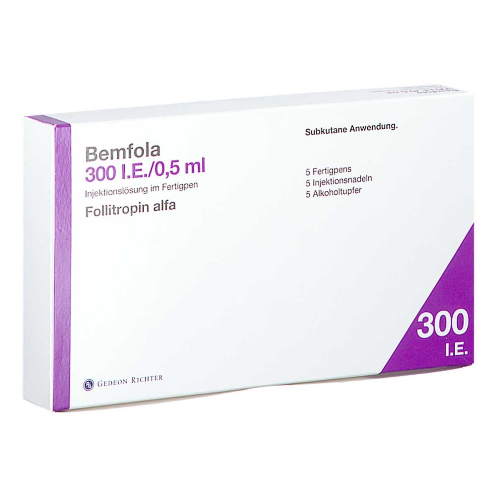 Das Produktfoto zeigt Bemfola 300 I.E./0,5 Ml Inj.-Lsg.I.E.Fertigpen (5 stk) PZN 12471495