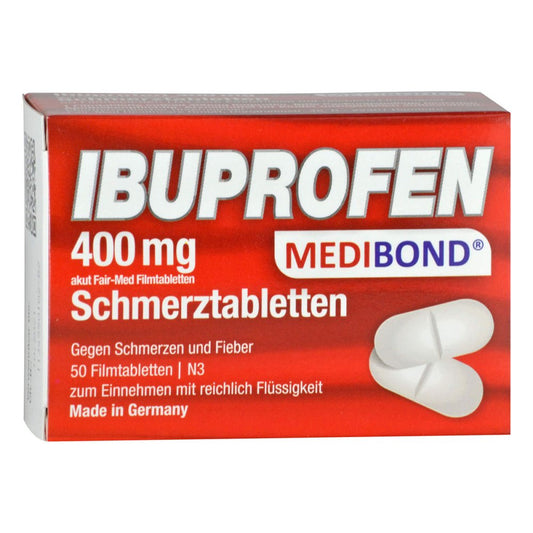 Das Produktfoto zeigt Ibuprofen 400 Mg Medibond Schmerztabletten (50 stk) PZN 12472371