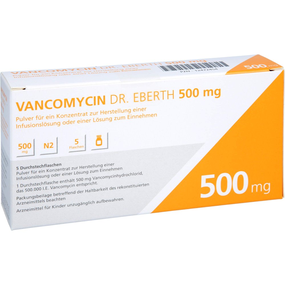 Das Produktfoto zeigt Vancomycin Dr.Eberth 500mg P.Z.H.E.Inf./L.Z.Einn. (5 stk) PZN 12472454