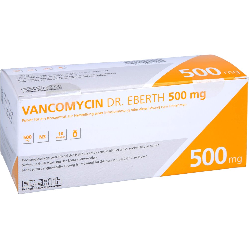 Das Produktfoto zeigt Vancomycin Dr.Eberth 500mg P.Z.H.E.Inf./L.Z.Einn. (10 stk) PZN 12472460
