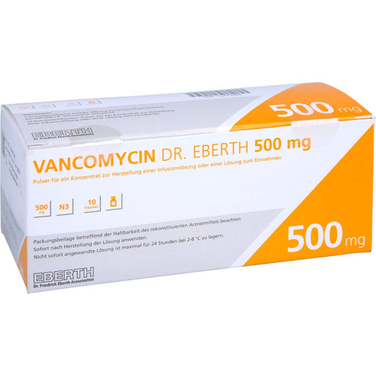 Das Produktfoto zeigt Vancomycin Dr.Eberth 500mg P.Z.H.E.Inf./L.Z.Einn. (10 stk) PZN 12472460