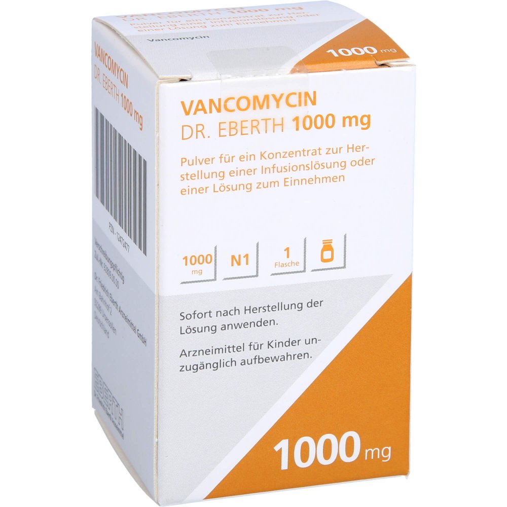 Das Produktfoto zeigt Vancomycin Dr.Eberth 1000mg P.Z.H.E.Inf./L.Z.Einn. (1 stk) PZN 12472477
