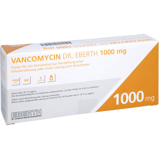 Das Produktfoto zeigt Vancomycin Dr.Eberth 1000mg P.Z.H.E.Inf./L.Z.Einn. (5 stk) PZN 12472483