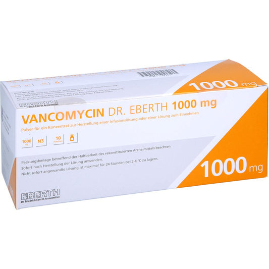 Das Produktfoto zeigt Vancomycin Dr.Eberth 1000mg P.Z.H.E.Inf./L.Z.Einn. (10 stk) PZN 12472508
