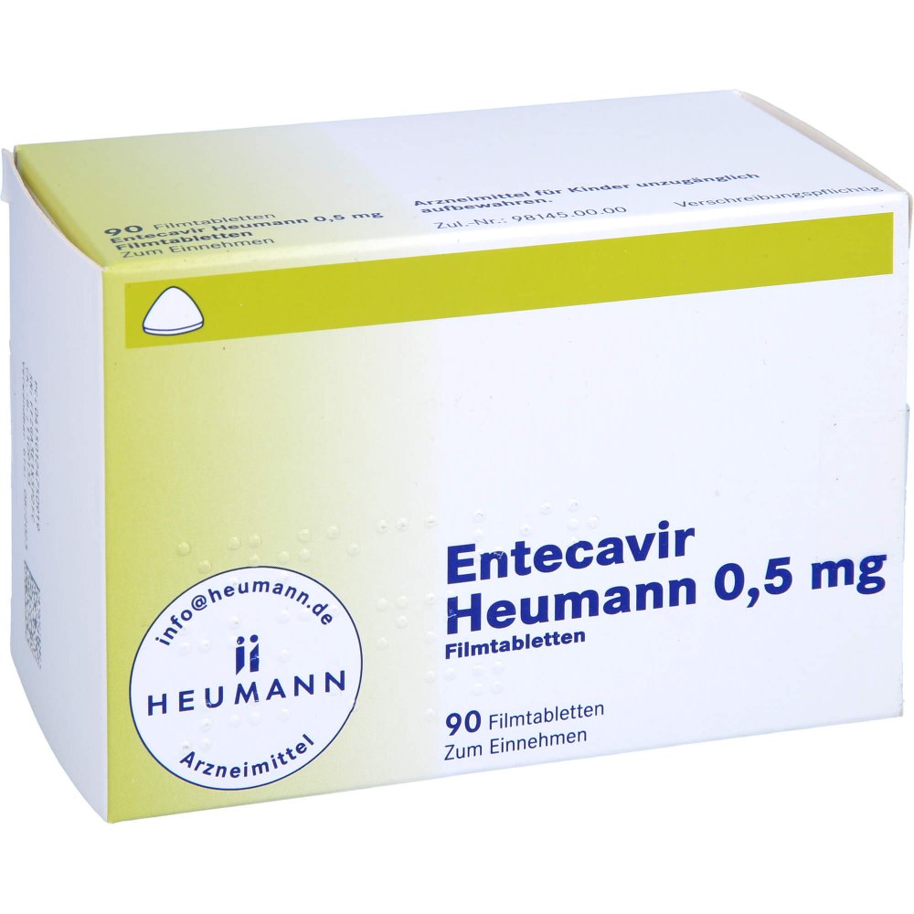 Das Produktfoto zeigt Entecavir Heumann 0,5 Mg Filmtabletten (90 stk) PZN 12475091