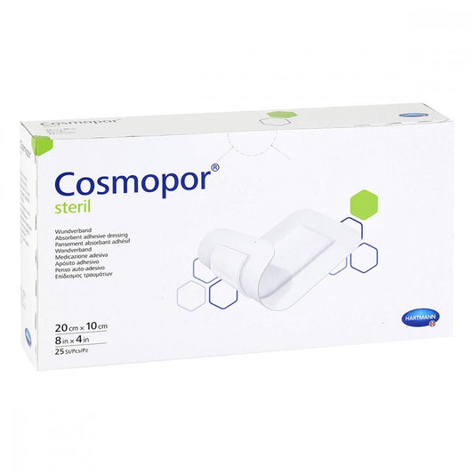 Das Produktfoto zeigt Cosmopor Steril Wundverband 10x20 Cm (25 stk) PZN 12476038