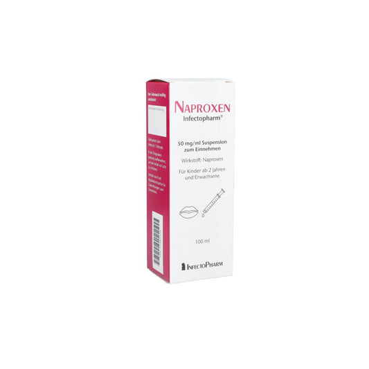 Das Produktfoto zeigt Naproxen Infectopharm 50 Mg/Ml Suspension Z.Einn. (100 ml) PZN 12482228