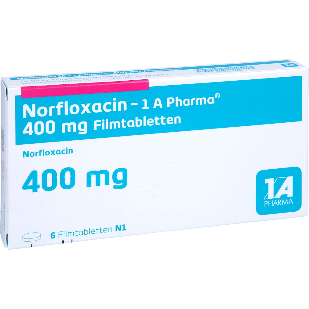 Das Produktfoto zeigt Norfloxacin-1a Pharma 400 Mg Filmtabletten (6 stk) PZN 12482406