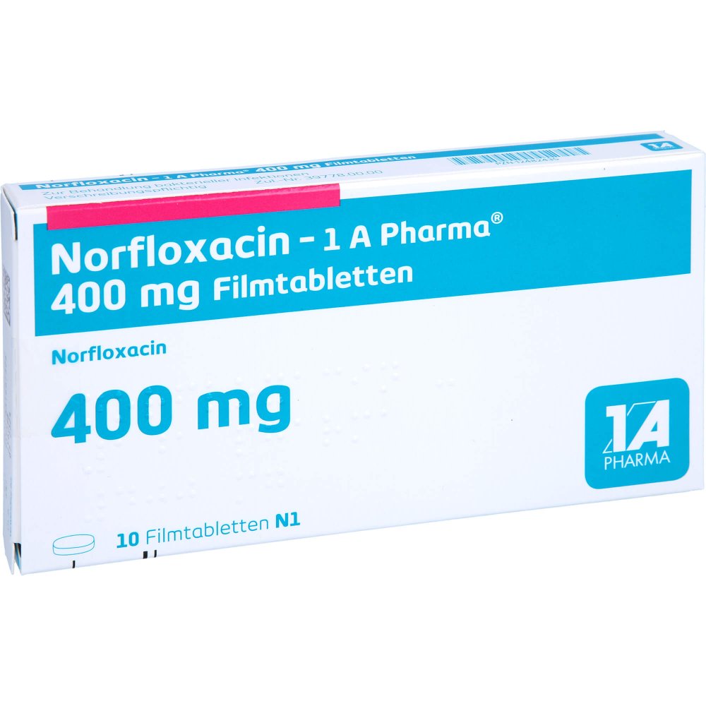 Das Produktfoto zeigt Norfloxacin-1a Pharma 400 Mg Filmtabletten (10 stk) PZN 12482435