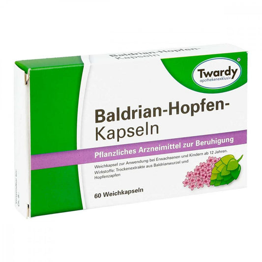 Das Produktfoto zeigt Baldrian Hopfen Kapseln Twardy (60 stk) PZN 12482464
