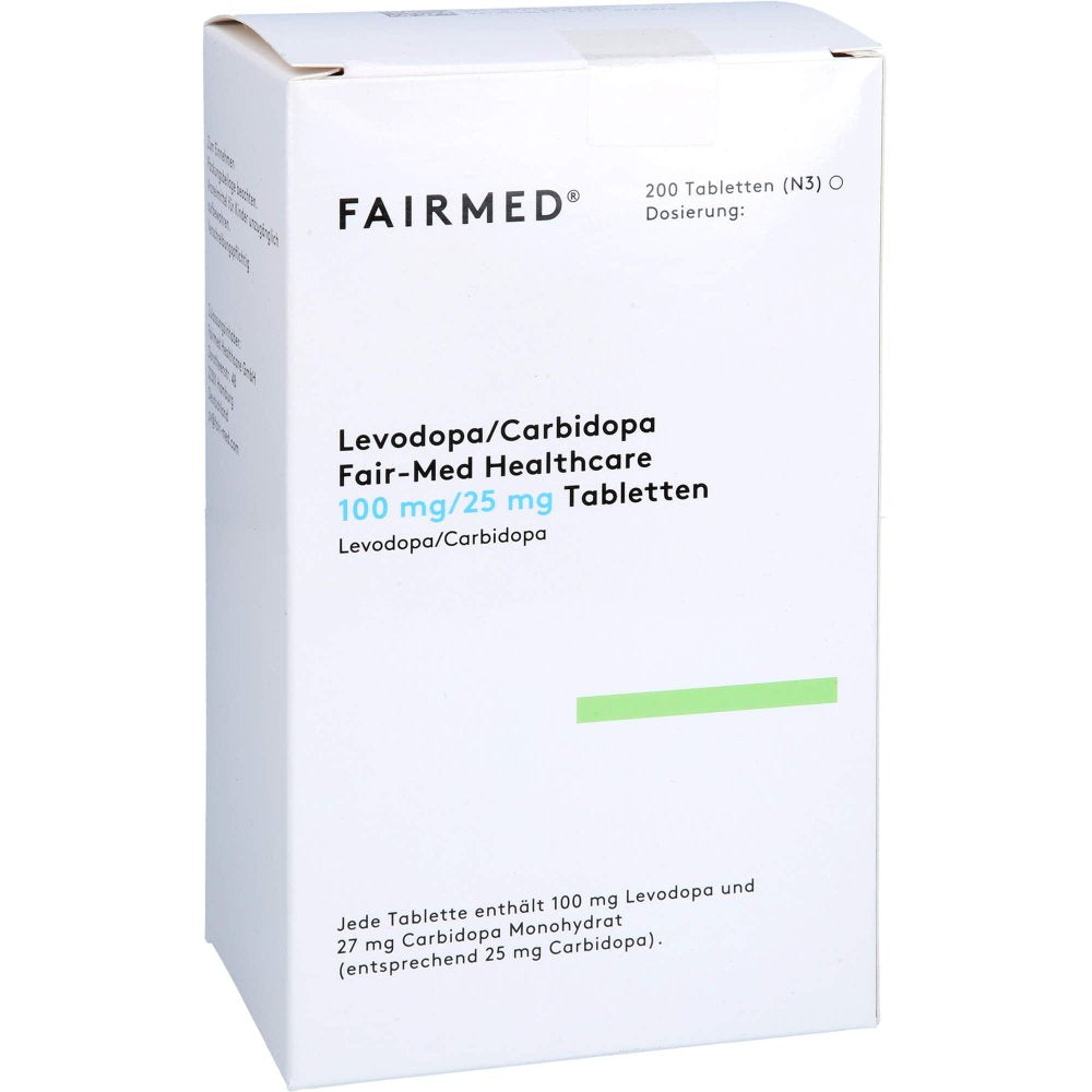 Das Produktfoto zeigt Levodopa/Carbidopa Fair-Med Healthcare 100mg/25mg (200 stk) PZN 12484078
