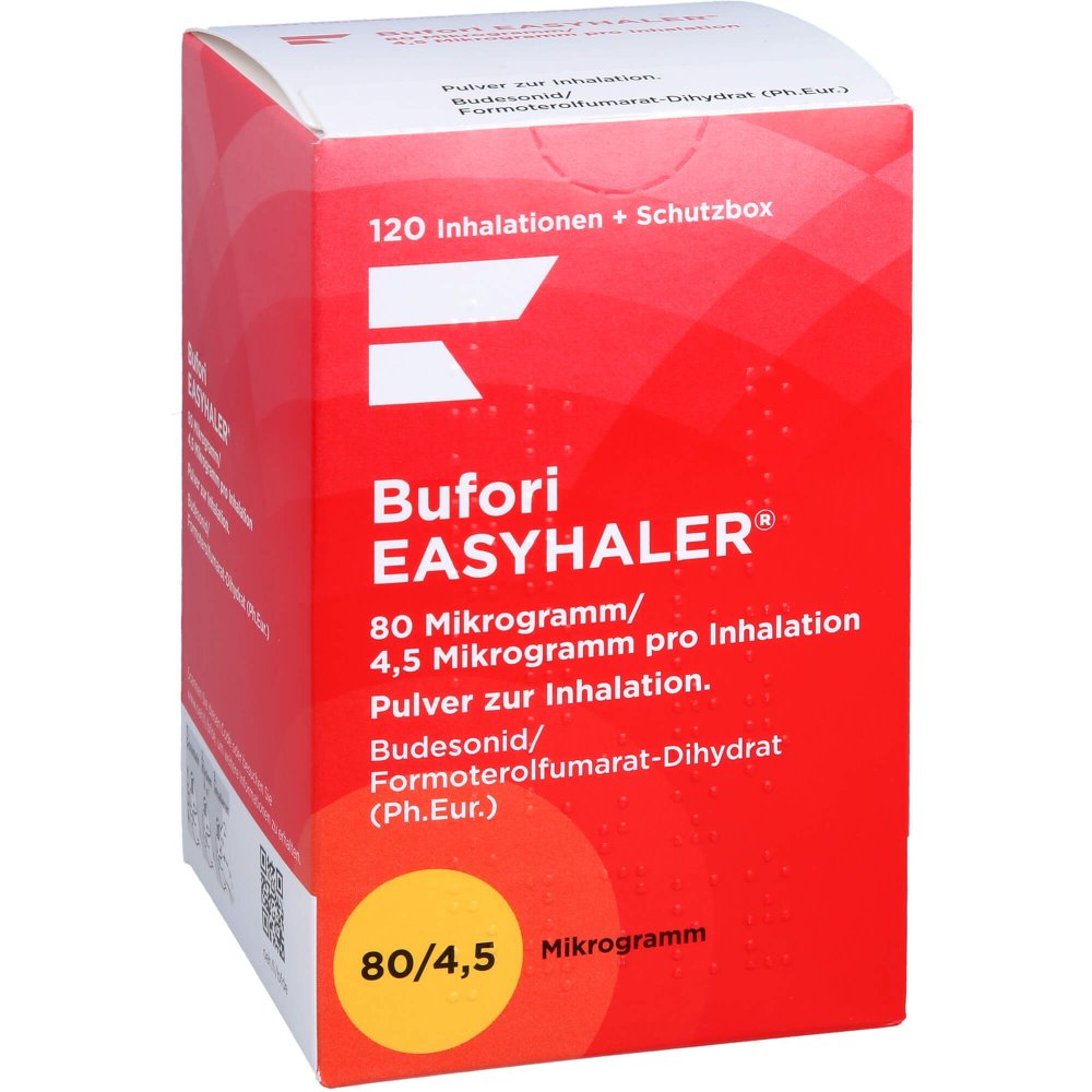 Das Produktfoto zeigt Bufori Easyhaler 80/4,5 Μg/Dosis 120 Ed+Schutzbox (1 stk) PZN 12484144