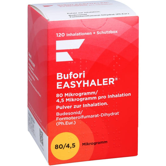Das Produktfoto zeigt Bufori Easyhaler 80/4,5 Μg/Dosis 120 Ed+Schutzbox (1 stk) PZN 12484144