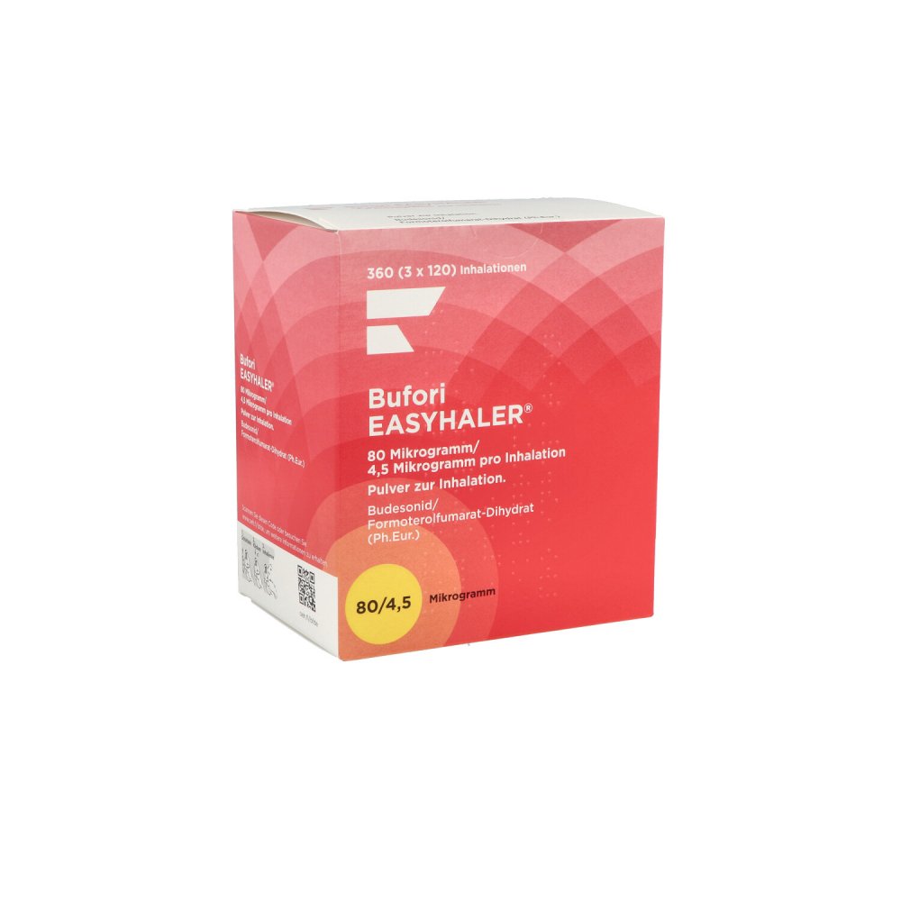 Das Produktfoto zeigt Bufori Easyhaler 80/4,5 Μg/Dosis 3x120 Ed (3 stk) PZN 12484150