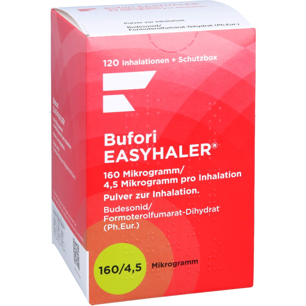 Das Produktfoto zeigt Bufori Easyhaler 160/4,5 Μg/Dosis 120 Ed+Schutzbox (1 stk) PZN 12484210