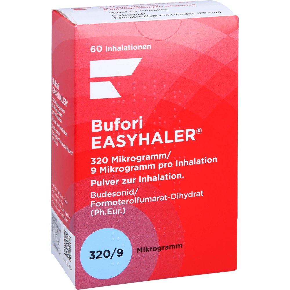 Das Produktfoto zeigt Bufori Easyhaler 320/9 Μg/Dosis 60 Ed (1 stk) PZN 12484233