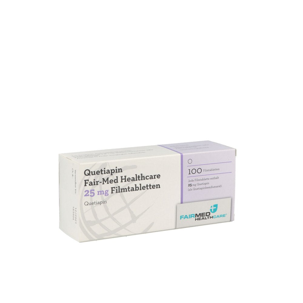 Das Produktfoto zeigt Quetiapin Fair-Med Healthcare 25 Mg Filmtabletten (100 stk) PZN 12494645