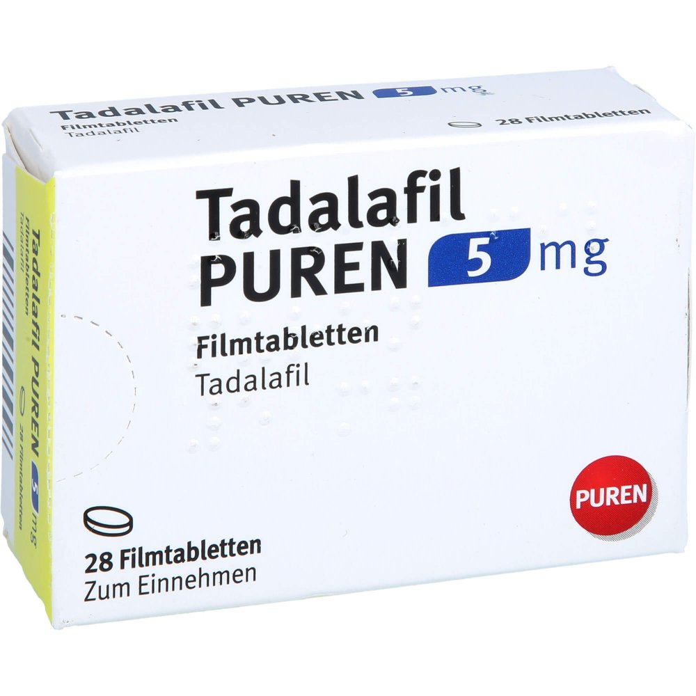 Das Produktfoto zeigt Tadalafil Puren 5 Mg Filmtabletten (28 stk) PZN 12501813