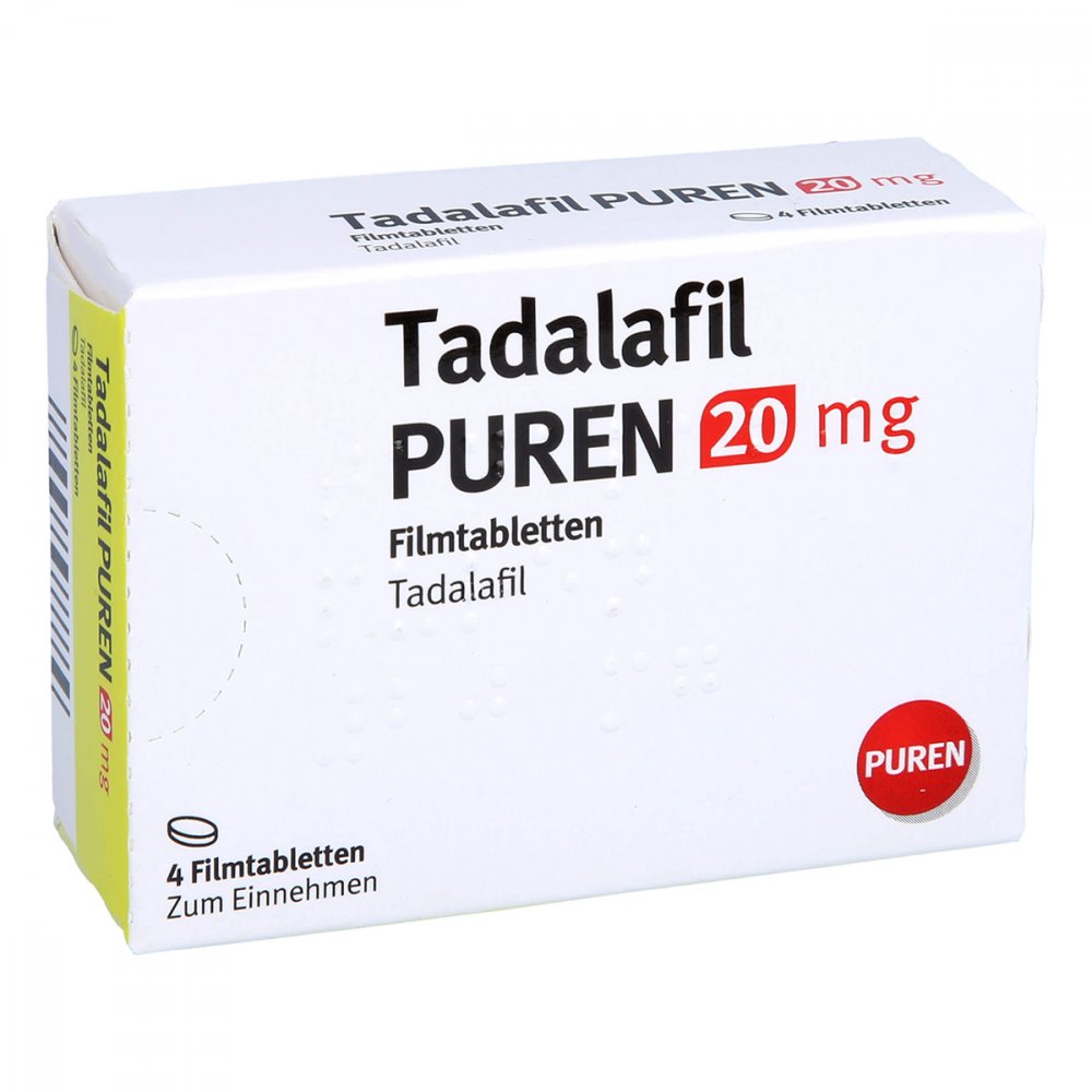 Das Produktfoto zeigt Tadalafil Puren 20 Mg Filmtabletten (4 stk) PZN 12501859