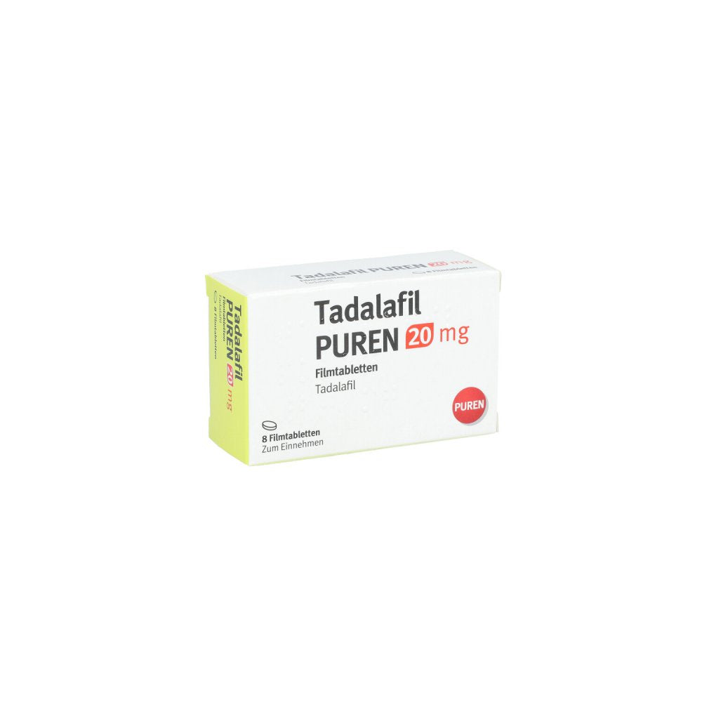 Das Produktfoto zeigt Tadalafil Puren 20 Mg Filmtabletten (8 stk) PZN 12501865