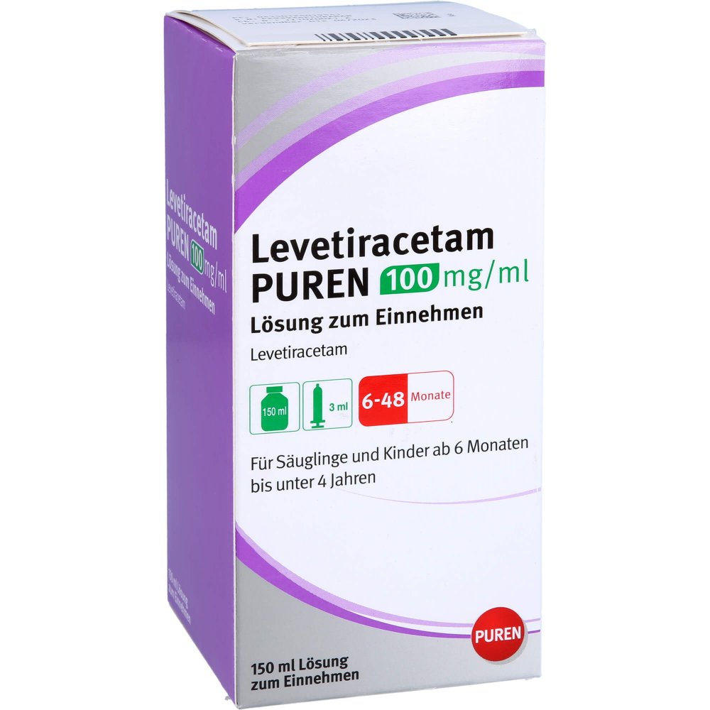 Das Produktfoto zeigt Levetiracetam Puren 100 Mg/Ml L.Z.Einn.3ml Dos.Sp. (150 ml) PZN 12501954
