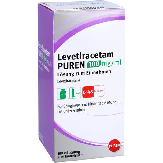 Das Produktfoto zeigt Levetiracetam Puren 100 Mg/Ml L.Z.Einn.3ml Dos.Sp. (150 ml) PZN 12501954