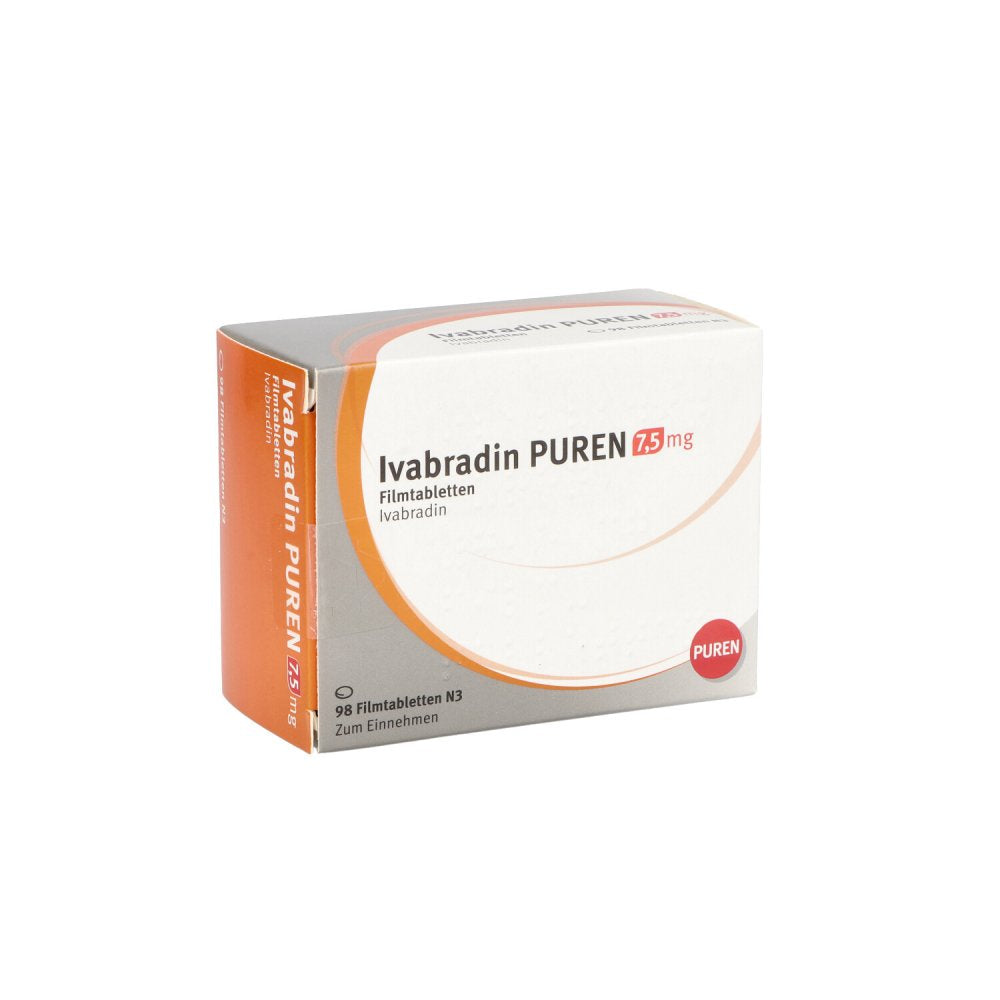 Das Produktfoto zeigt Ivabradin Puren 7,5 Mg Filmtabletten (98 stk) PZN 12503657