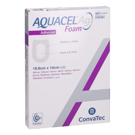 Das Produktfoto zeigt Aquacel Ag Foam Adhäsiv Ferse 14x19,8 Cm Verband (5 stk) PZN 12504898