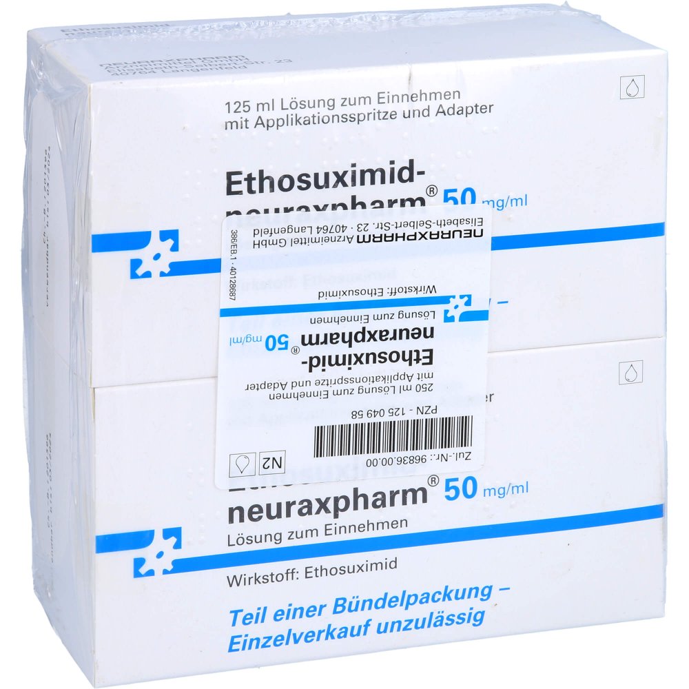Das Produktfoto zeigt Ethosuximid-Neuraxpharm 50 Mg/Ml Lsg.Z.Einnehmen (2X125 ml) PZN 12504958