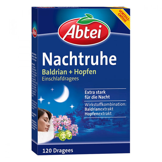 Das Produktfoto zeigt Abtei Nachtruhe Baldrian+Hopfen Einschlafdragees (120 stk) PZN 12505567