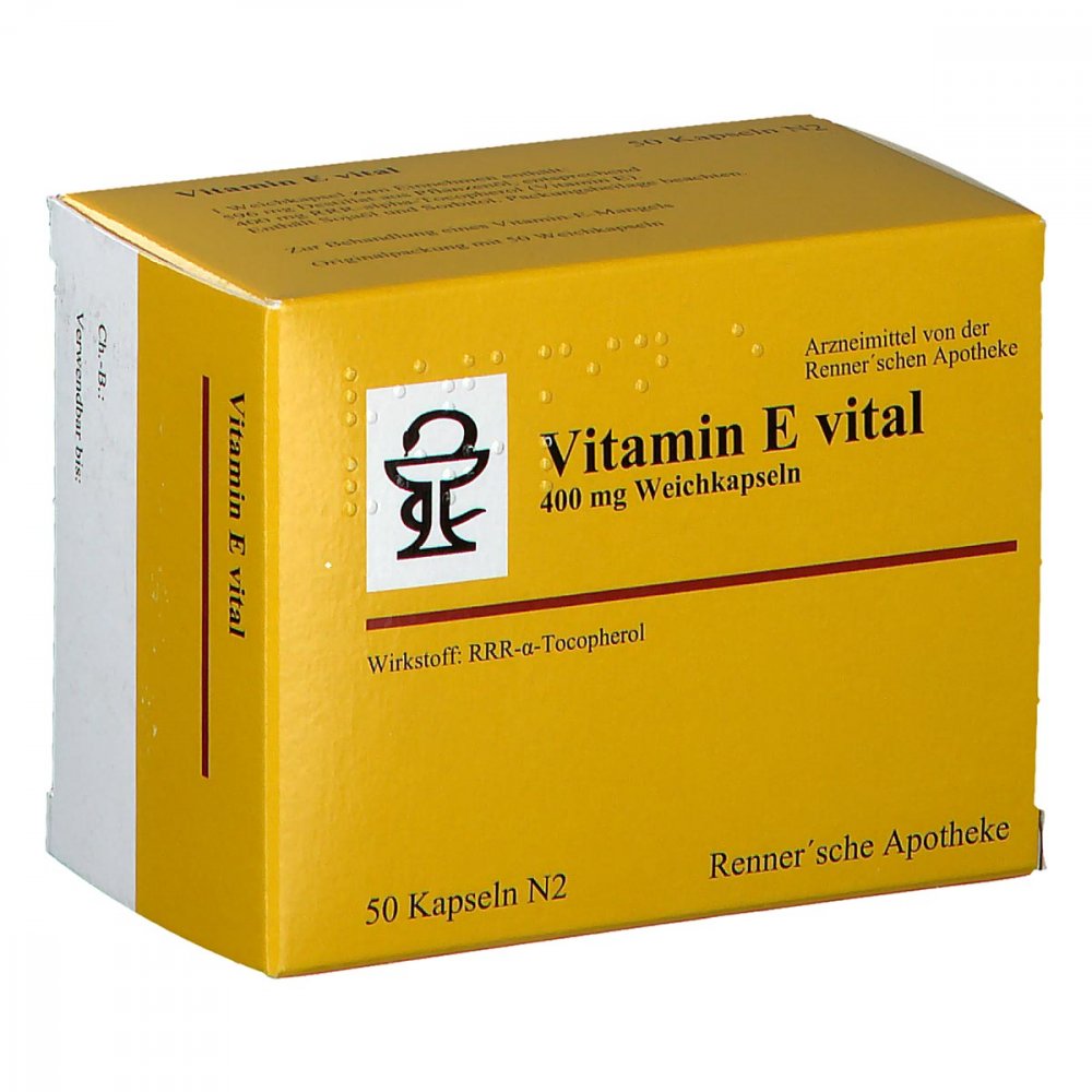 Das Produktfoto zeigt Vitamin E Vital 400 Mg Rennersche Apotheke Weichk. (50 stk) PZN 12519434