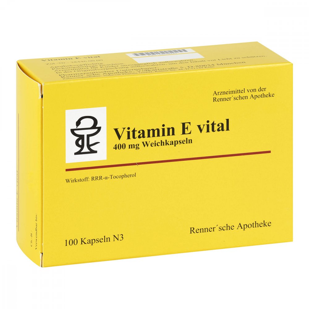 Das Produktfoto zeigt Vitamin E Vital 400 Mg Rennersche Apotheke Weichk. (100 stk) PZN 12519440