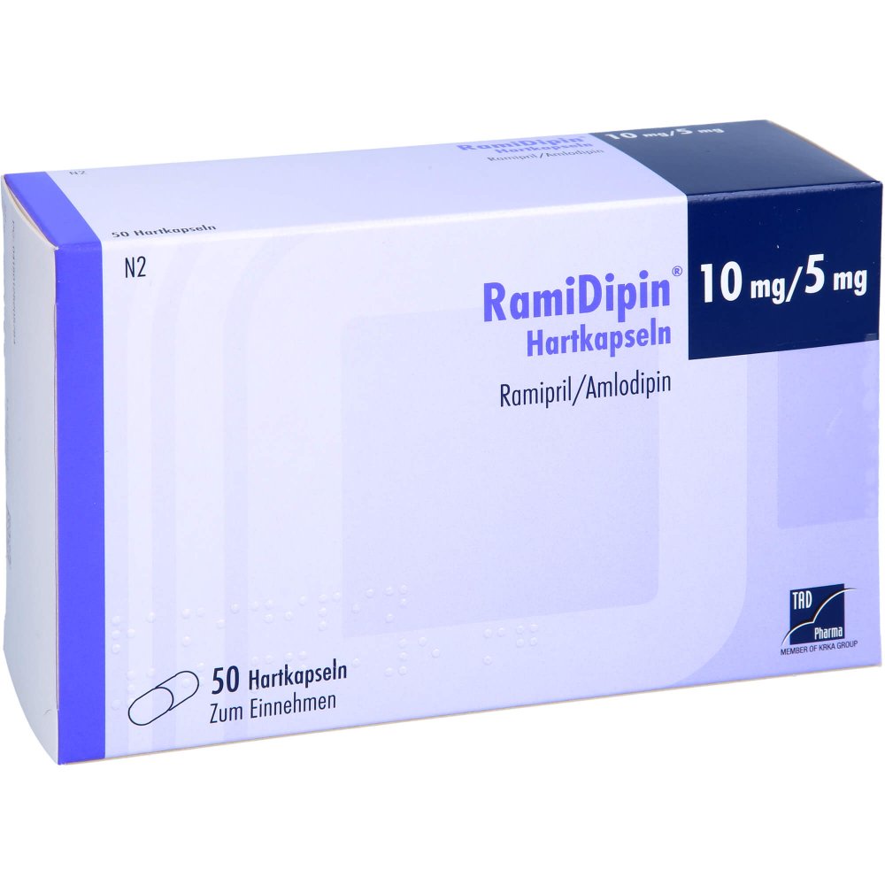 Das Produktfoto zeigt Ramidipin 10 Mg/5 Mg Hartkapseln (50 stk) PZN 12520578